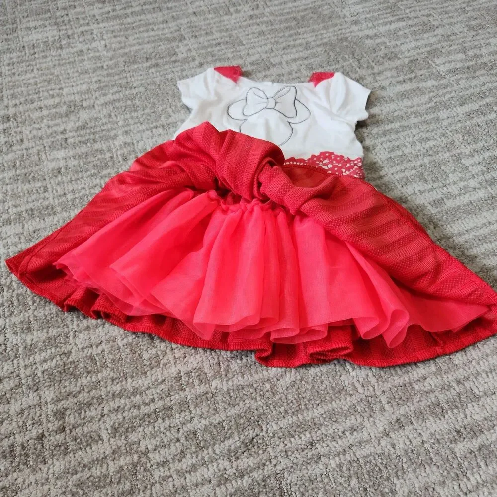 Minnie Mouse girl's short sleeve lace tulle dress red white size 2T